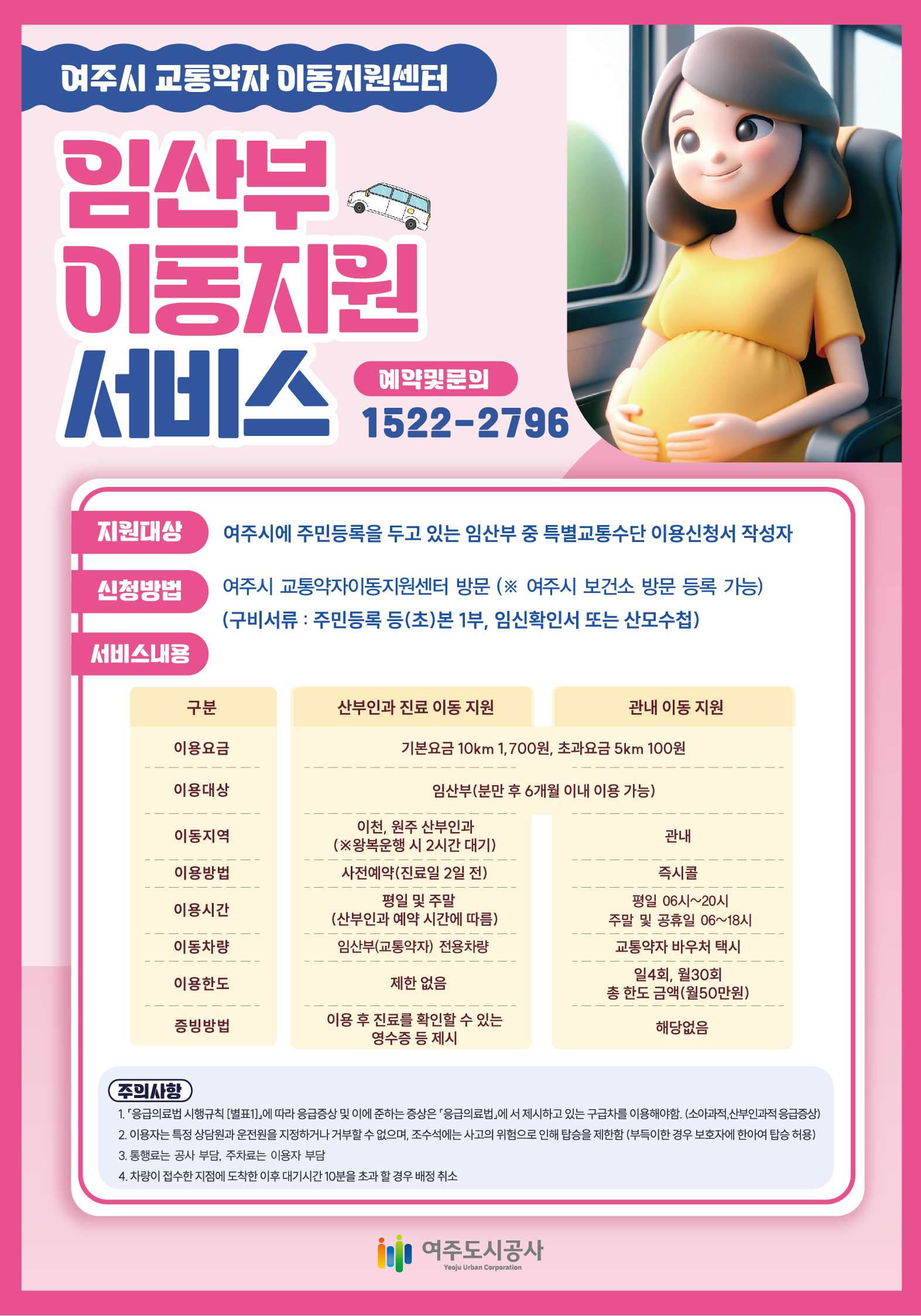 여주시 교통약자 이동지원센터
임산부 이동지원 서비스
예약및문의 1522-2796
지원대상 : 여주시에 주민등록을 두고 있는 임산부 중 특별교통수단 이용신청서 작성자
신청방법 : 여주시 교통약자이동지원센터 방문 (구비서류 : 주민등록 등(초)본 1부, 임신확인서 또는 산모수첩)