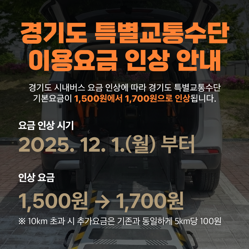 경기도 특별교통수단 이용요근 인상 안내
		경기도 시내버스 요금 인상에 따라 경기도 특별교통수단 기본요금이 1,500원에서 1,700원으로 인상됩니다.
		요금 이상 시기 : 2025. 12. 1.(월)부터
		인상 요금 : 1,500원 -> 1,700원
		※ 10km 초과 시 추가요금은 기존과 동일하게 5km 당 100원